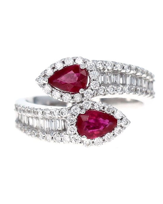 Ruby and Diamond Bypass Ring in White Gold